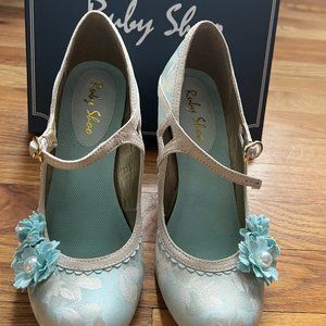 Ruby Shoo Yasmin Bridal Heel, Size 7, Light blue/White Lace, flowers and strap